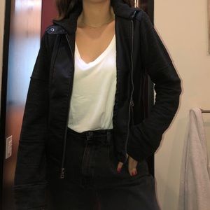 Faux Leather Jacket with Sweatshirt Sleeves